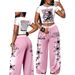 Women's Style Printed Two Piece Set Cropped Short Sleeved Wide Leg Pants Tight Fitting Sexy Top Set_ecoleips.com