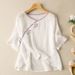 Cotton And Linen Five-Quarter Sleeve Embroidered Button-Up Artistic Retro Shirt For Women, Loose Large-Sized Pure Cotton_ecoleips.com