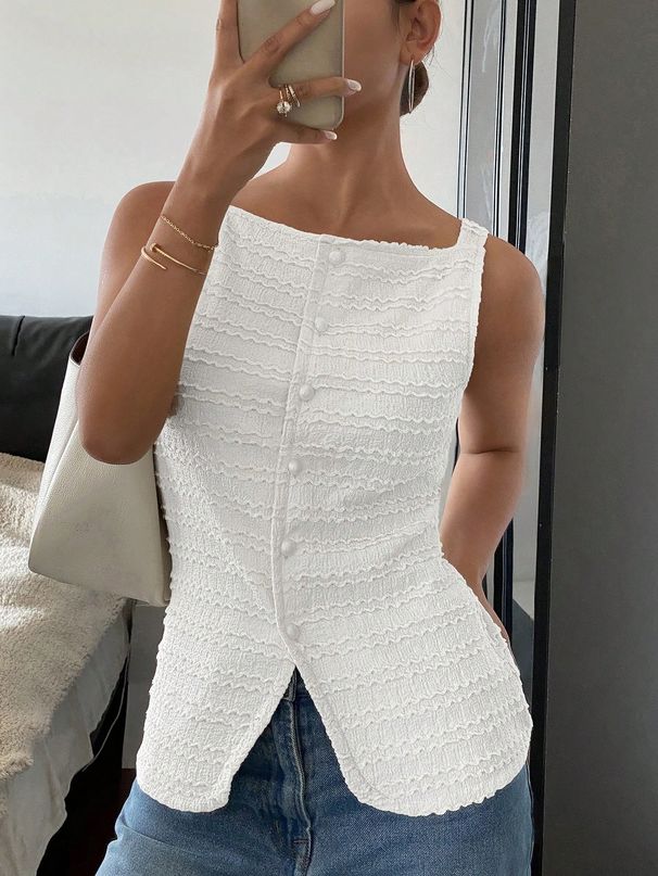 2025 Spring/Summer New Fashionable Casual Sleeveless Tank Top Solid Color Daily Versatile Button Top T-shirt For Women_ecoleips.com