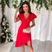 Women's Clothing Commuter Solid Color V Neck Waist Elegant V-Neck Wrap Waist Flutter Sleeve Asymmetrical Dress Office Commute & Casual Wear_ecoleips.com