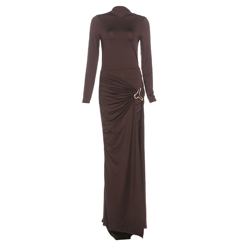 Women's Slim Fit Long Sleeve Dress European American Style Solid Color Fashion round Neck Cross Border Wholesale 2025 Autumn Winter New_ecoleips.com
