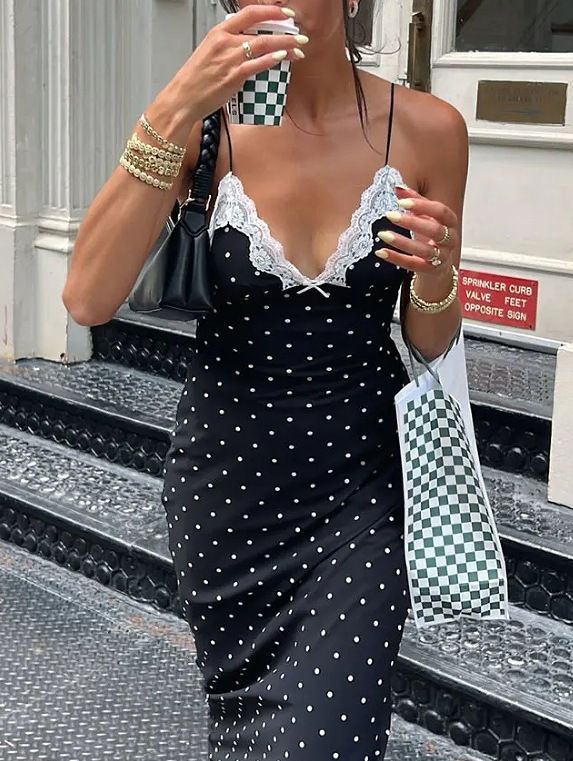 Women's French Vintage Polka Dot V Neck Lace Trim Halter Maxi Dress – Sexy Elegant Summer Gown_ecoleips.com