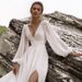 Elegant V-Neck Long Sleeve Chiffon Wedding Dress With Small Train – Boho Beach Bridal Gown For Photoshoot, Flattering High Waist(US2-26W, Ivory/White)_ecoleips.com