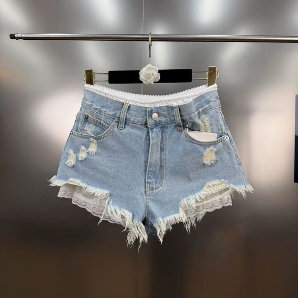 2025 Summer New French Retro Style Lace Patchwork Ripped Raw Edge Faux Two-Piece Slimming Denim Shorts_ecoleips.com