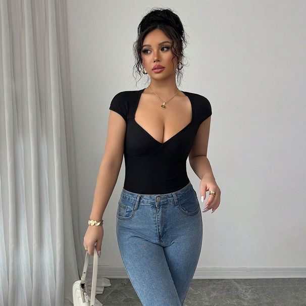 Women's Clothing Hot Sale Women's Simple Sexy V Neck T Shirt Backless Design Short Slim Top_ecoleips.com