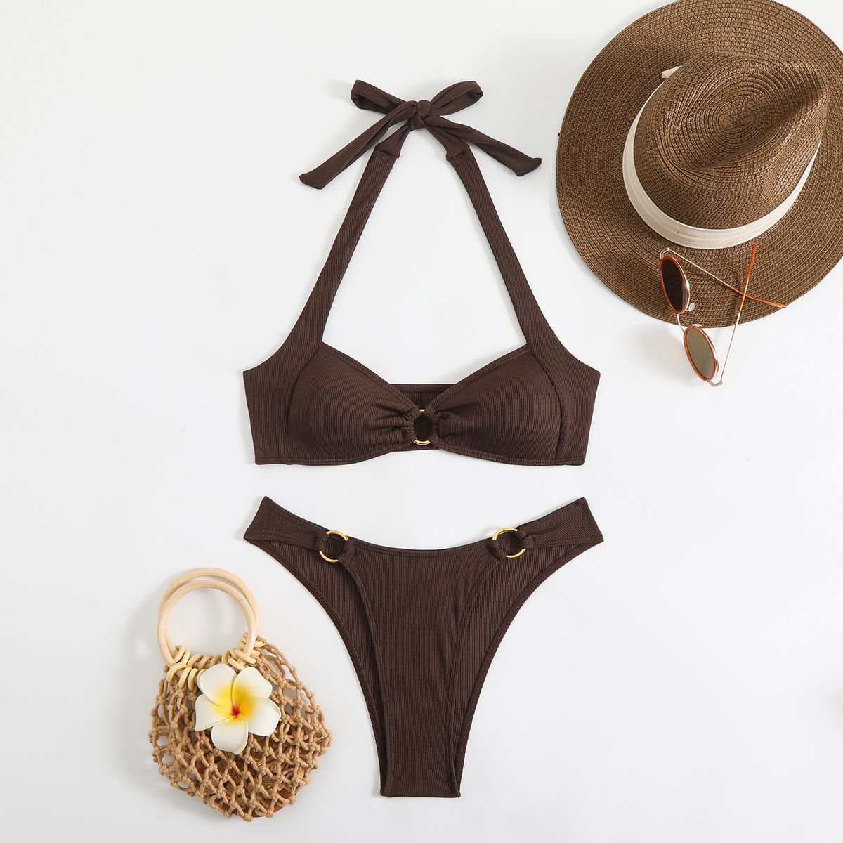 Solid Color Bikini Set - Sexy Low Back Ribbed Two-Piece Swimsuit For Women_ecoleips.com