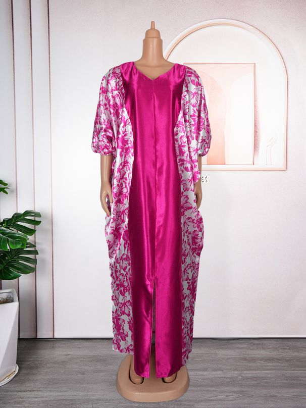 Plus Size Boho Maxi Dress With Ethnic Print - Flowy V-Neck Satin Kaftan For Women, Elegant Loose Fit Long Dress With Batik Pattern_ecoleips.com