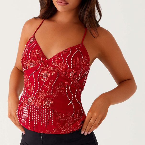Summer Women Y2k Sequin Halter Crop Tops Pearl Embellished Cami Tops Summer Glitter V Neck Rhinestone Camisole Tank Shirt_ecoleips.com