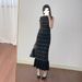 SD Women's French Style Heavy Duty Studded Round Neck Sleeveless Black Knit Long Dress Spring Summer Wear_ecoleips.com