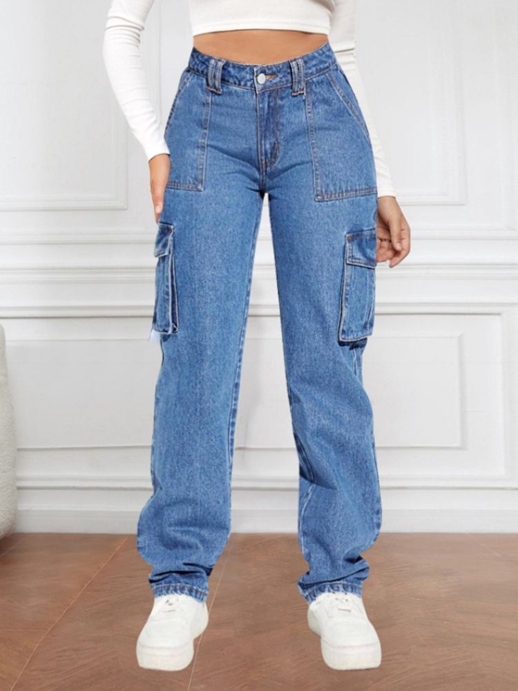 K New Retro Mid Waist Multi Pocket Workwear Jeans For Women's Casual Straight Leg Pants_ecoleips.com