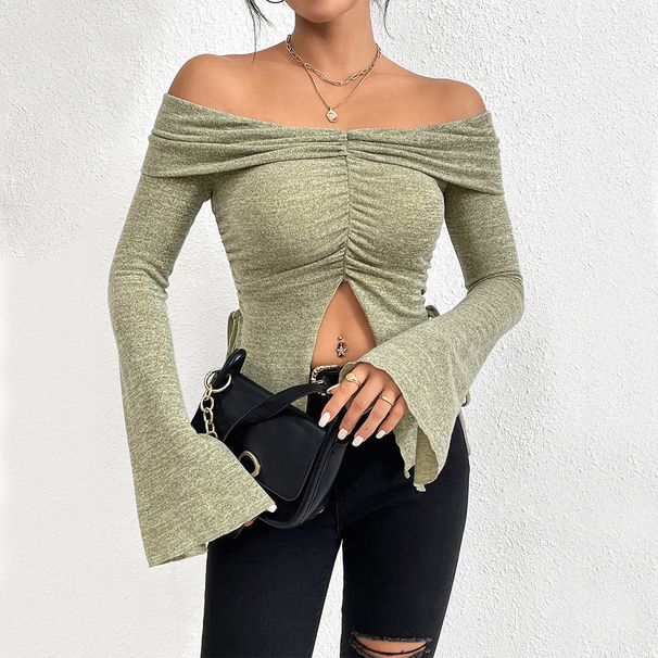 Voya Women's 2026 Autumn/Winter New Collection: One Word Collar, Split Horn Sleeve, Long Sleeve Knitted T-shirt, Sexy Top_ecoleips.com