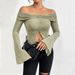 Voya Women's 2026 Autumn/Winter New Collection: One Word Collar, Split Horn Sleeve, Long Sleeve Knitted T-shirt, Sexy Top_ecoleips.com