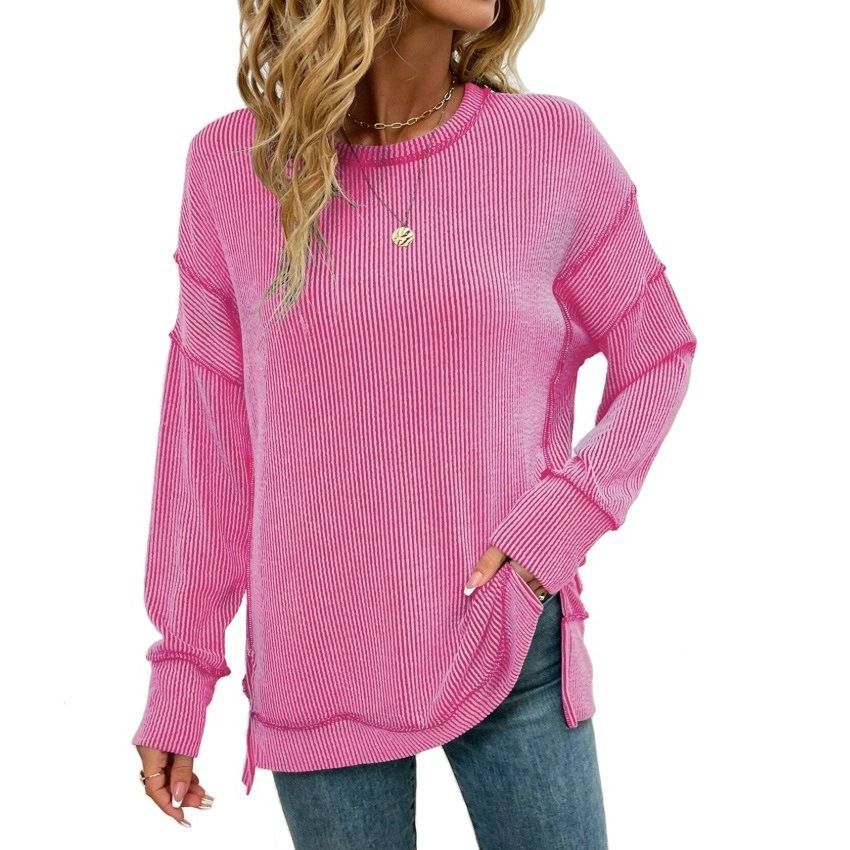 2026 European American Cross-border Women's Clothing Autumn And Winter New Twist Stripe Slit Long-sleeve Loose_ecoleips.com
