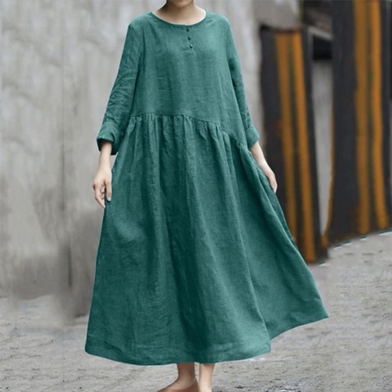 2023 New Solid Cotton Irregular Spliced Round Neck Pocket Long Sleeve Dress Large Swing Long Dress_ecoleips.com
