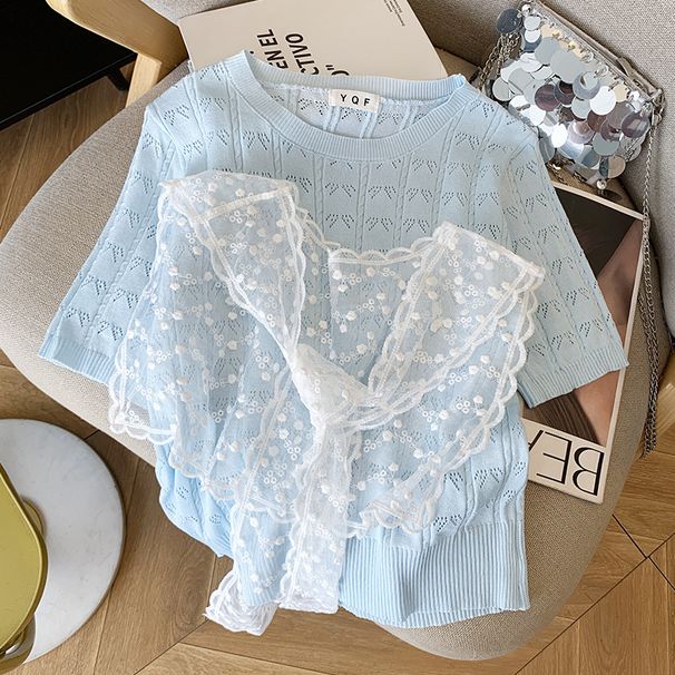 Women's Clothing Design Hollow Shawl Mesh Top T Shirt Ice Silk Sweater_ecoleips.com