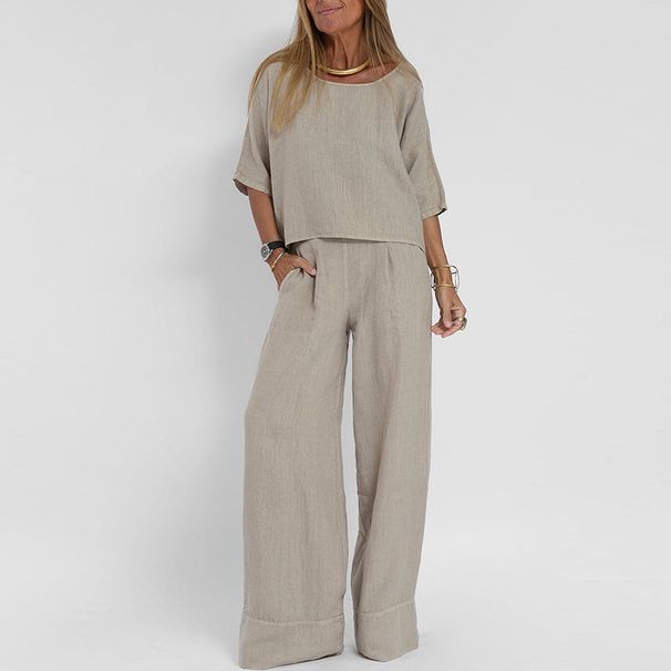 Casual Fashion Pocket Long Pants Beach Spring Summer Short Sleeve Top Pullover Set Women Cotton Linen Solid Color Two_ecoleips.com