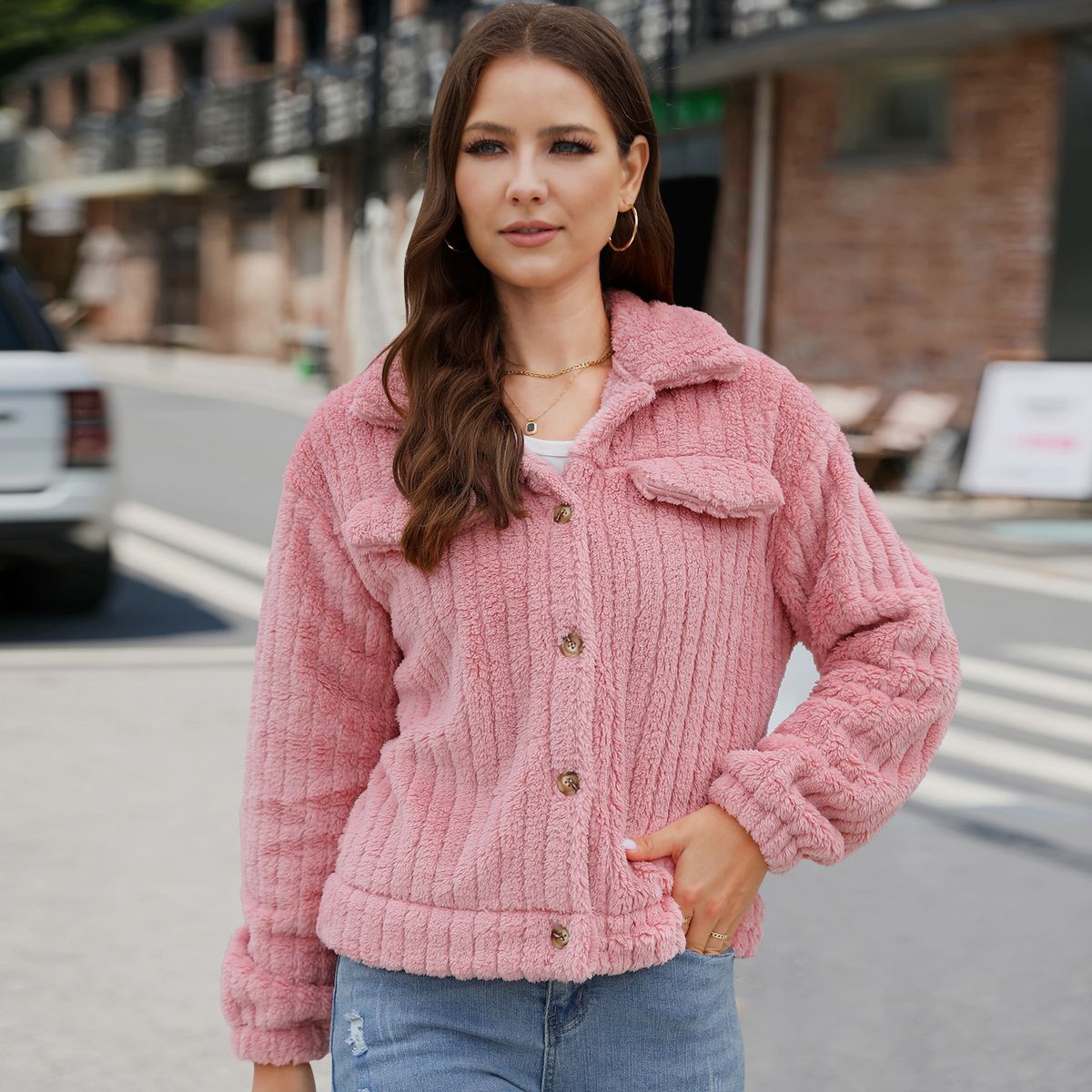 Women's Autumn/Winter Fluffy Ribbed Cardigan – Short Cropped Lapel Jacket | Soft Polyester Fleece | 4 Trendy Colors | S-XXL_ecoleips.com