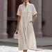 2026 Summer Short-Sleeved, Pocket-Placed Casual, Loose-Fitting, Solid Color Cotton-Linen Dress For Women_ecoleips.com
