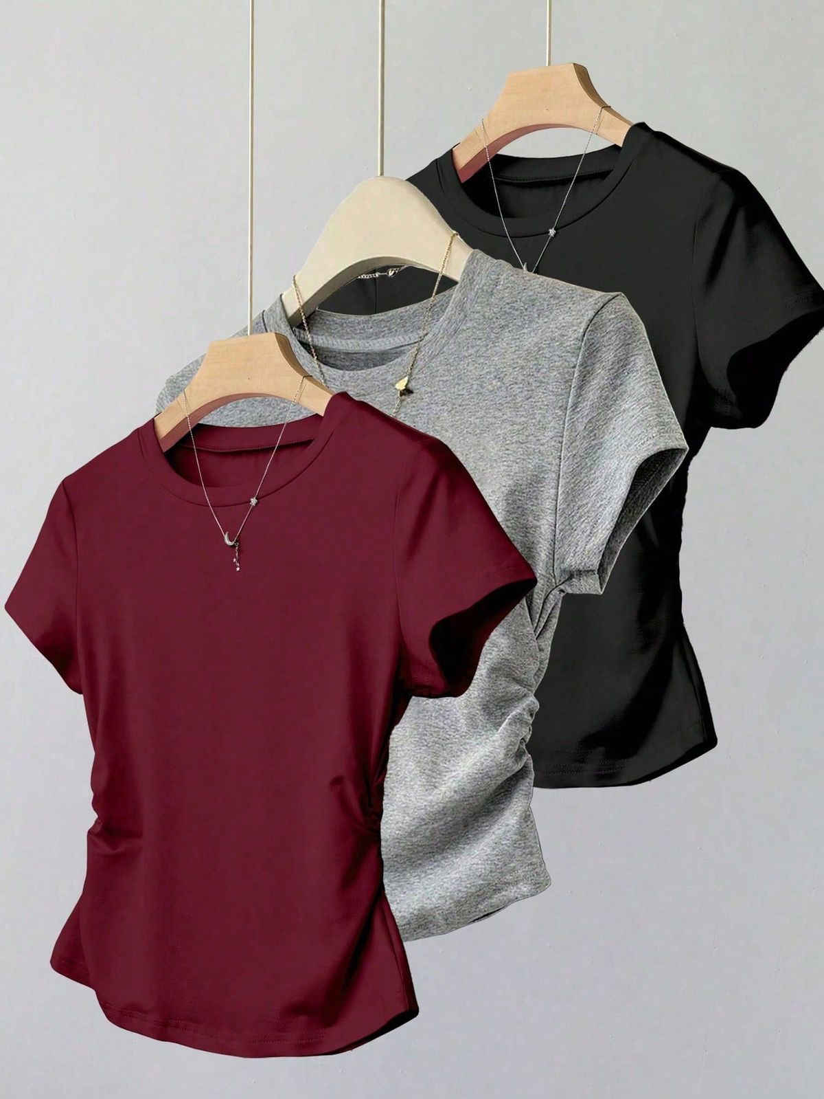 2025 Spring/Summer Autumn New Solid Color Casual Comfortable Women's Short Sleeve T-shirt Three Piece Set_ecoleips.com