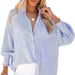 Verve Striped Long Sleeve Loose Casual Women's New Pocket Shirt Top_ecoleips.com