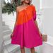 Women's Summer Resort Style Color Block One Shoulder Dress Single Sleeve Loose a Line Midi Skirt_ecoleips.com