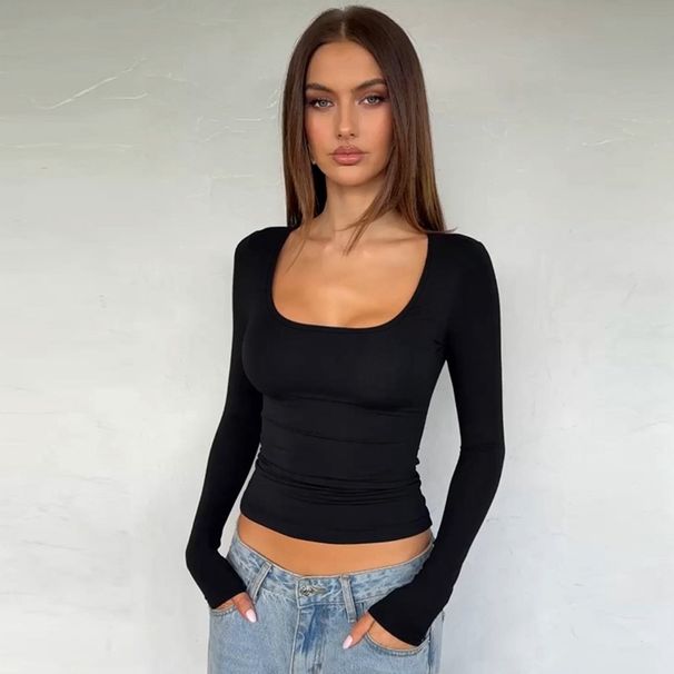 Women's Solid Color U Neck Long Sleeve Slim Fit Base T-Shirt European American Style Autumn Top_ecoleips.com