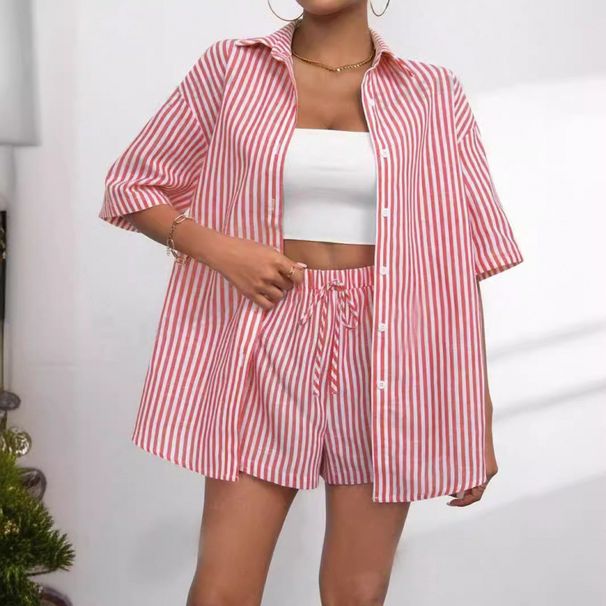 Women's Clothing Fashion Women's Lapel Casual Striped Short Sleeved Pants Two Piece Suit_ecoleips.com