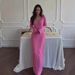 Elegant Long-Sleeve Knit Dress – Low Round Neck Bodycon Dress, Cotton-Polyester Blend, Fall Staple For Date Nights & Office (Rose Pink, Coffee Brown)_ecoleips.com