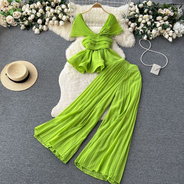 High-End Elegant Fashion Set For Women Summer Pleated Sleeveless Chiffon Blouse + High-Waisted Wide-Leg Pants Two-Piece_ecoleips.com