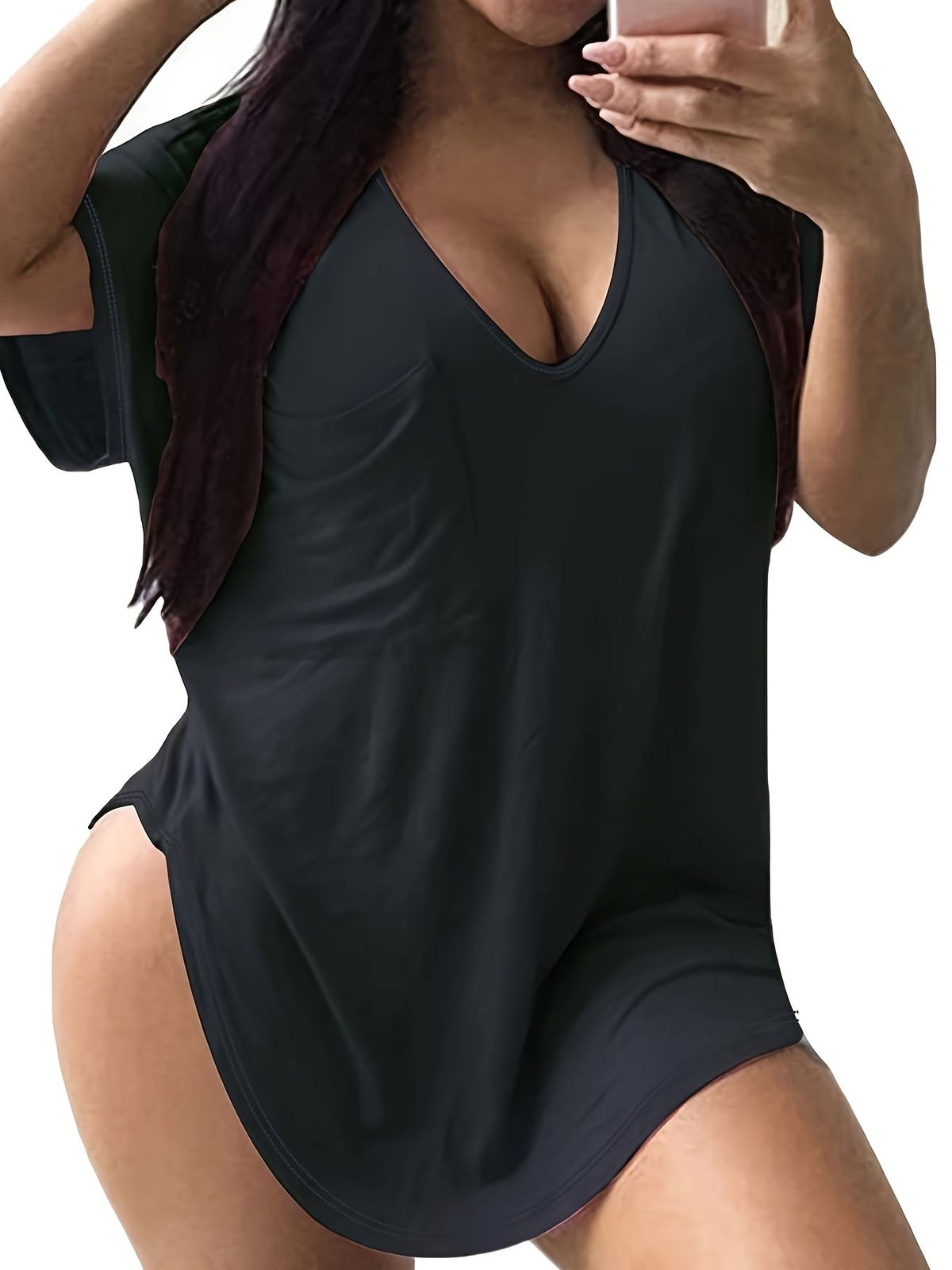 Spring And Summer Solid Color Sexy Large Size Solid Color V-neck Short-sleeved T-shirt_ecoleips.com