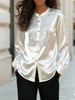 Elegant Satin Blouse With Sequin & Contrast Panel Detailing - Round Neck Drop Shoulder Long Sleeve Shirt For Women, Office & Casual Wear_ecoleips.com