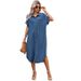 Plus Size Women's Denim Dress Short Sleeve Button Mid-Length Wide Dress For Casual Wear_ecoleips.com