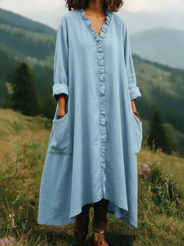 Bohemian Cotton Linen Long Maxi Dress With Side Slits – Flowy Summer Dress For Women, Casual Beach Dress, Loose Fit V-Neck Dress_ecoleips.com