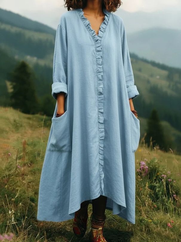 Bohemian Cotton Linen Long Maxi Dress With Side Slits – Flowy Summer Dress For Women, Casual Beach Dress, Loose Fit V-Neck Dress_ecoleips.com