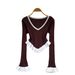 Women's Black White Ruffle Trim Knit Top - Long Sleeve V Neck Slim Fit Ribbed Sweater For Daily & Party_ecoleips.com