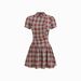 Korean Retro Color Block Plaid Stand Collar Women's Dress Fitted Waist Tie Puff Sleeve Slimming Versatile Dress for Summer_ecoleips.com
