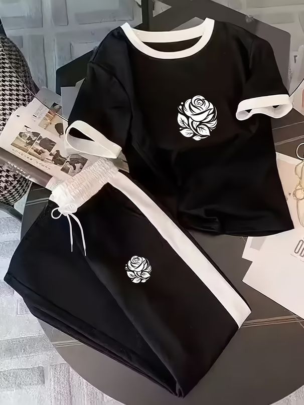 Casual Comfort Printed Short-Sleeve Top & Wide-Leg Pants Set (Black/White, S-XL) – Breathable Loungewear For Women_ecoleips.com
