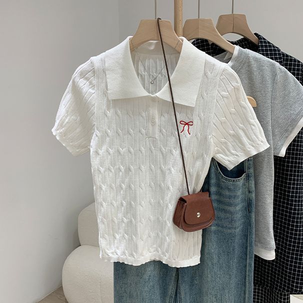 Women's Polo Collar Knit Top Short Sleeve Cropped Shirt Bow Embroidery Button Detail_ecoleips.com