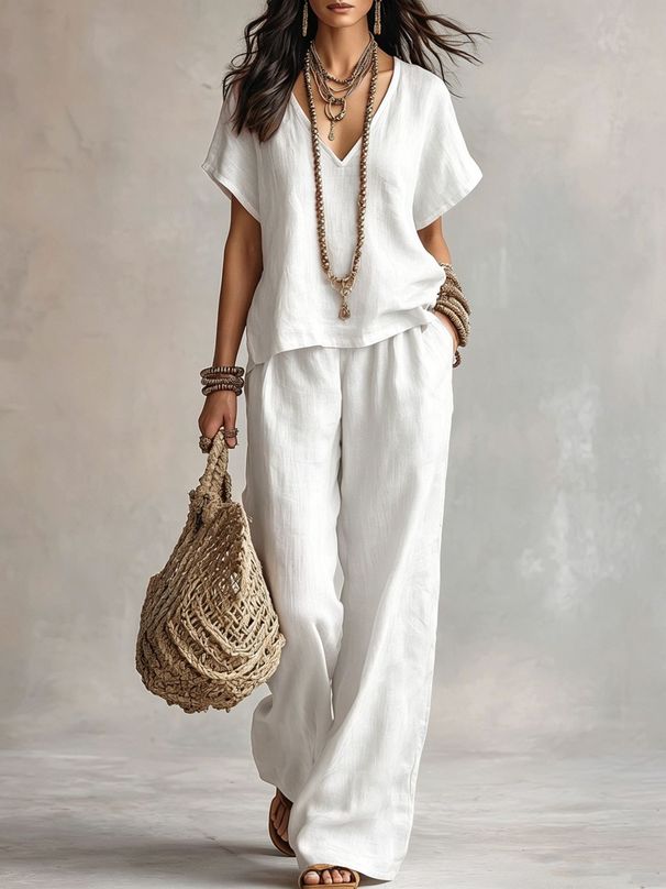 Women's Fashion Casual Two Piece Set V Neck Loose Short Sleeved Solid Color Cross Border Style European American 2026_ecoleips.com