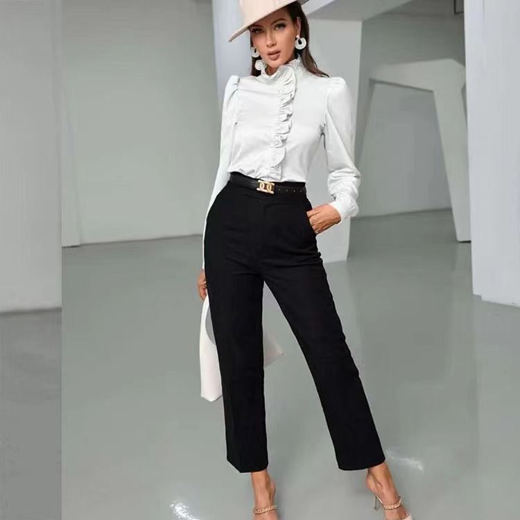 Summer Elegant French Ruffle Sleeve Blouse - Satin Office Shirt For Women, Relaxed Fit, Polo Collar, Breathable Acetate_ecoleips.com