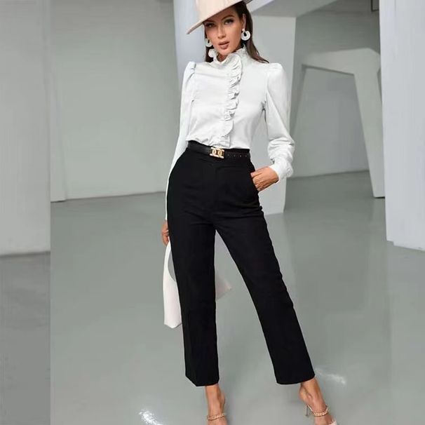Summer Elegant French Ruffle Sleeve Blouse - Satin Office Shirt For Women, Relaxed Fit, Polo Collar, Breathable Acetate_ecoleips.com