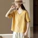 Vintage Cotton-Linen Top For Women, Loose Slimming V-Neck Short-Sleeve Pullover, Casual Solid-Color T-Shirt, Linen Shirt_ecoleips.com