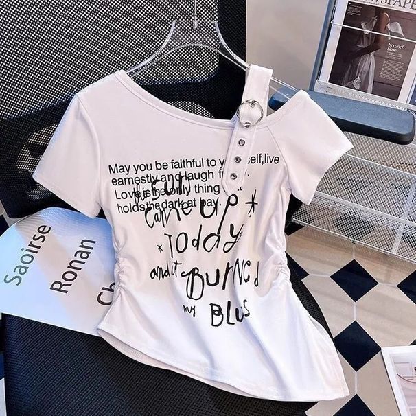 American Printed Slanted Shoulder Strap Short-sleeved T-shirt Women's Summer New Pleated Waist Irregular Short Top_ecoleips.com