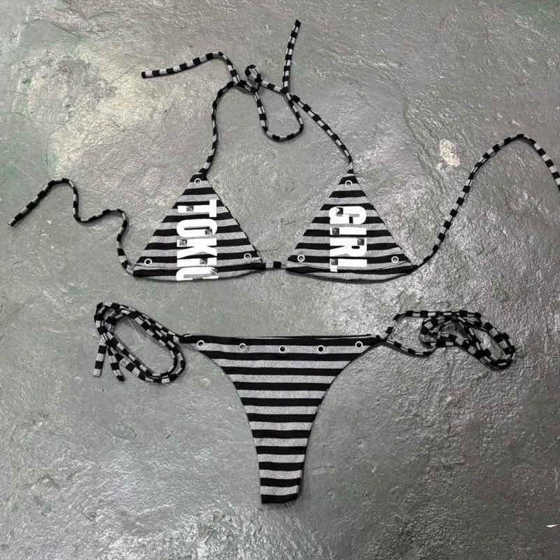 Women's Sexy Two Piece Bikini Set Dark Lace up Punk Beach Style European American Fashion Printed Swimwear_ecoleips.com