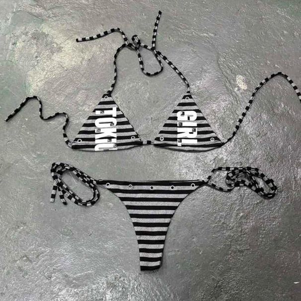 Women's Sexy Two Piece Bikini Set Dark Lace up Punk Beach Style European American Fashion Printed Swimwear_ecoleips.com