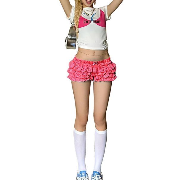 2025s Women's Sweet Short Summer New American Style Low Waist Multi-layer Wavy Lace Plaid Cake Skirt 3917_ecoleips.com