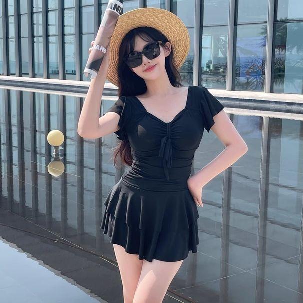 Sweet Ruffle Sleeve One Piece Swimsuit Dress With Bow Front Ruched Waist Flared Skirt Modest Swimwear For Beach Pool Vacation_ecoleips.com