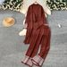 Women's Clothing Jacquard Lounge Set – Oversized Draped Cardigan + Round Neck Knit Top + Flowy Wide-Leg Pants (3-Piece Coordinated Outfit)_ecoleips.com