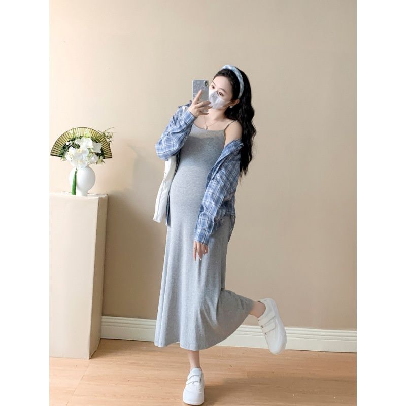 Spring New Korean Fashion Gray Knitted Camisole Dress + Blue Plaid Shirt Two-Piece Set For Pregnant Women_ecoleips.com