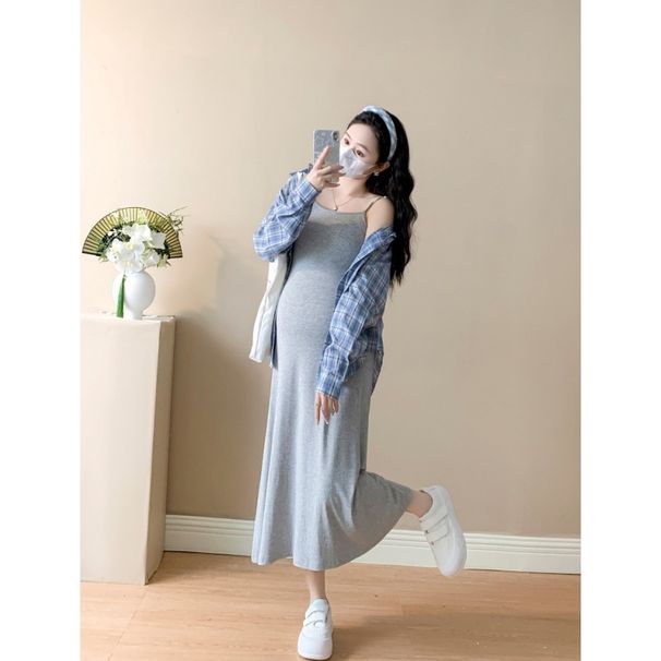 Spring New Korean Fashion Gray Knitted Camisole Dress + Blue Plaid Shirt Two-Piece Set For Pregnant Women_ecoleips.com